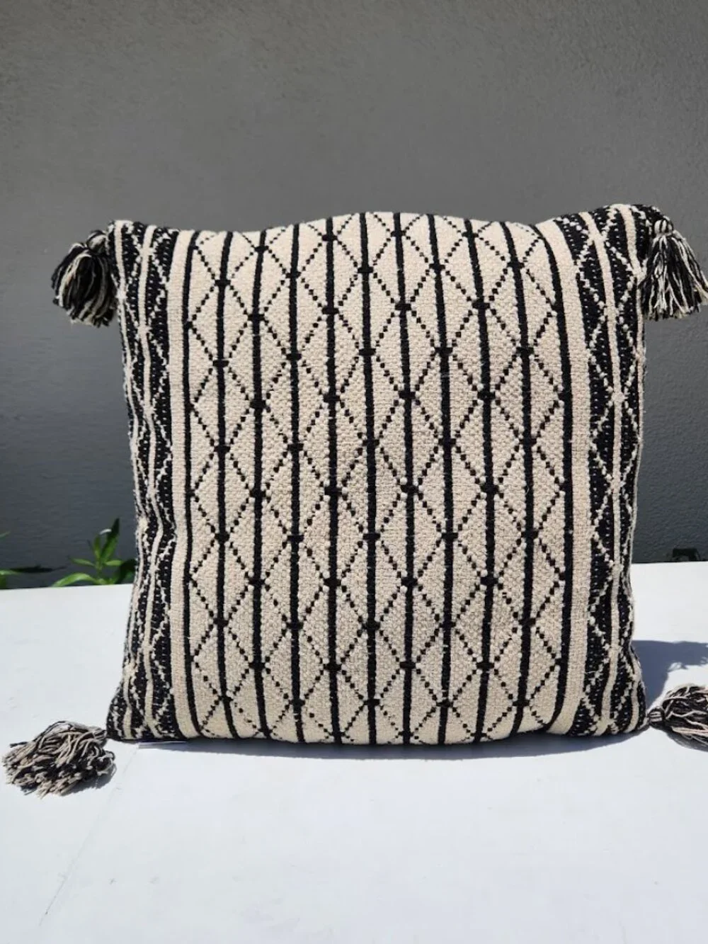 Hand Woven Geometric Accent Throw Pillow Creme Black Off White with Tassels 21
